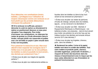 59 59
Pour déboucher vos canalisations (éviers,
toilettes...) privilégiez-vous l’utilisation de
moyens mécaniques comme une ventouse ou un
furet plutôt que des produits déboucheurs
chimiques très polluants ?
➔ Si la ventouse ne suffit pas, pensez à
démonter le culot du siphon ou directement le
siphon en positionnant dessous un seau pour
récupérer l’eau stagnante. Pour éviter
d’encrasser vos canalisations, ne videz-pas les
restes de graisse ou d’huile alimentaire dans le
lavabo, essuyez plutôt vos casseroles et poêles
avec une serviette en papier à jeter ensuite dans
le bac non-recyclable.
Pour préserver la ressource en eau, êtes-vous
attentif à bien respecter les consignes de tri ?
Veillez-vous à ne pas jeter sur la voie publique,
les toilettes ou dans la poubelle du tout-venant...
des déchets qui contaminent l’eau ?
> Évitez-vous de jeter vos mégots de cigarette
parterre ?
> Évitez-vous de jeter vos médicaments solides ou
liquides dans les toilettes ou dans le bac tout-
venant en les ramenant en pharmacie ?
> Évitez-vous de jeter vos restes de peintures,
d’huiles de vidange, solvants dans les toilettes,
égouts... en les ramenant à la déchetterie ?
> Évitez-vous de jeter vos D3E - Déchets d’
Équipements Électriques ou Électroniques - vos
batteries et piles, vos ampoules... dans le tout-venant
pour éviter une pollution du sol et de l’eau par les
métaux lourds si les déchets sont ensuite enfouis
(environ 30 % des déchets) ?
> Évitez-vous de jeter les lingettes, cheveux,
poils...dans les toilettes ?
➔ Seulement les selles, l’urine et le papier
toilette vont dans la cuvette des toilettes. Tout
autre matière et produits (poils, cheveux,
serviette hygiénique, préservatif, fil dentaire...)
risquent de former des bouchons dans les
réseaux d’assainissement avec le risque que les
eaux usées débordent en cas d’inondation et
polluent l’environnement.
 