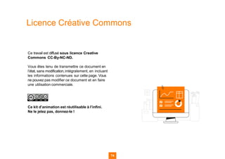 Licence Créative Commons
Ce travail est diffusé sous licence Creative
Commons CC-By-NC-ND.
Vous êtes tenu de transmettre ce document en
l’état, sans modification,intégralement, en incluant
les informations contenues sur cette page. Vous
ne pouvez pas modifier ce document et en faire
une utilisation commerciale.
Ce kit d’animation est réutilisable à l’infini.
Ne le jetez pas, donnez-le !
74
 