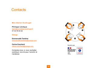 75
Contacts
Mon Atelier Ecofrugal
Philippe Lévêque
team@monatelier-ecofrugal.fr
01 53 76 04 42
Orange
Emmanuelle Temkine
emmanuelle.temkine@orange.com
Carine Cauchard
carine.cauchard@orange.com
Contactez-nous si vous souhaitez
contribuer à ce kit pour l’enrichir et
l’améliorer.
75
 