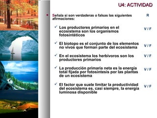  Señala si son verdaderas o falsas las siguientes
afirmaciones:
 Los productores primarios en el
ecosistema son los organismos
fotosintéticos
 El biotopo es el conjunto de los elementos
no vivos que forman parte del ecosistema
 En el ecosistema los herbívoros son los
productores primarios
 La producción primaria neta es la energía
total fijada por fotosíntesis por las plantas
de un ecosistema
 El factor que suele limitar la productividad
del ecosistema es, casi siempre, la energía
luminosa disponible
U4: ACTIVIDAD
U4: ACTIVIDAD
R
V / F
V / F
V / F
V / F
V / F
 