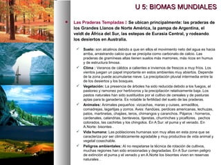  Las Praderas Templadas  Se ubican principalmente: las praderas de
los Grandes Llanos de Norte América, la pampa de Argentina, el
veldt de África del Sur, las estepas de Eurasia Central, y rodeando
los desiertos en Australia.
 Suelo: son alcalinos debido a que en ellos el movimiento neto del agua es hacia
arriba, arrastrando calcio que se precipita como carbonato de calcio. Las
praderas de gramíneas altas tienen suelos más marrones, más ricos en humus
y de estructura limosa.
 Clima : Veranos de cálidos a calientes e inviernos de frescos a muy fríos. Los
vientos juegan un papel importante en estos ambientes muy abiertos. Depende
de la zona puede acumularse nieve. La precipitación pluvial intermedia entre la
de los desiertos y los bosques.
 Vegetación: La presencia de árboles ha sido reducida debido a los fuegos, el
pastoreo y ramoneo por herbívoros y la precipitación relativamente baja. Los
pastos naturales han sido sustituidos por el cultivo de cereales y de pasturas
aptas para la ganadería. Es notable la fertilidad del suelo de las praderas.
 Animales: Animales pequeños: vizcachas, maras y cuises, armadillos,
comadrejas, lagartijas y zorros. Aves: ñandúes, perdices americanas, lechuzas,
patos, martinetas, chajáes, teros, chimangos y caranchos. Pájaros : horneros,
cardenales, calandrias, benteveos, tijeretas, churrinches y picaflores, pechos
colorados, las cachirlas y los chingolos. En A Sur: el puma y el venado. En
A.Norte: bisontes .
 Vida humana: Las poblaciones humanas son muy altas en esta zona que se
caracteriza por ser climáticamente agradable y muy productiva de vida animal y
vegetal cosechable.
 Peligros ambientales: Al no respetarse la técnica de rotación de cultivos,
muchas regiones han sido erosionadas y degradadas. En A Sur corren peligro
de extinción el puma y el venado y en A.Norte los bisontes viven en reservas
naturales .
U 5: BIOMAS MUNDIALES
U 5: BIOMAS MUNDIALES
 