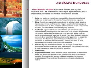  La Zona Montaña o Alpina alpina viene de alpes, que significa
"montañas altas". En una montaña dada, llegan a presentarse cuatro o
cinco biomas principales con muchas subdivisiones zonales.
 Suelo: Los suelos de montaña son muy variables, dependiendo de la roca
madre que, en las mayores elevaciones, frecuentemente está expuesta
 Clima: También es muy variable, dependiendo de la latitud y de la altitud. A
mayores elevaciones, el clima es más frío pero usualmente más seco que a
elevaciones medias. El clima puede ser extremadamente severo a elevaciones
muy altas, con nieve e hielo permanentes y muy poca vida.
 Vegetación: Algunas laderas son tan inclinadas que carecen de suelo y
solamente se encuentran plantas que viven sobre rocas, con sus adaptaciones.
Los líquenes pueden establecerse sobre rocas desnudas debido a que su
cuerpo fúngico disuelve la superficie de la roca y sus algas producen nutrientes
por medio de la fotosíntesis. Es frecuente encontrar gigantismo en las plantas
herbáceas. Por el contrario, los individuos de muchas especies que se
encuentran en diferentes altitudes tienden a ser más pequeños en altas
elevaciones como adaptación a condiciones más rudas.
 Animales:Algunos animales importantes son las ovejas y cabras, bien
adaptadas a terrenos escabrosos, y las aves de presa, con buenas condiciones
de vuelo y abundante presa de mamíferos pequeños.
 Vida humana:
 Peligros ambientales: Menos alteradas que las equivalentes en áreas bajas
debido a la relativa dificultad de acceso a las mayores elevaciones para los
humanos. Sin embargo, los bosques nublados tropicales y los bosques
templados de coníferas están siendo extensivamente aprovechados para
madera.
U 5: BIOMAS MUNDIALES
U 5: BIOMAS MUNDIALES
 