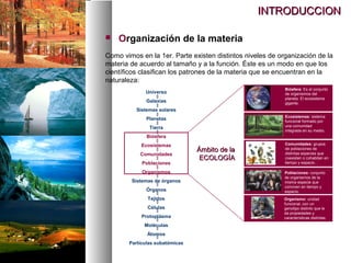 INTRODUCCION
INTRODUCCION
 Organización de la materia
Como vimos en la 1er. Parte existen distintos niveles de organización de la
materia de acuerdo al tamaño y a la función. Éste es un modo en que los
científicos clasifican los patrones de la materia que se encuentran en la
naturaleza:
Universo
Galaxias
Sistemas solares
Planetas
Tierra
Biósfera
Ecosistemas
Comunidades
Poblaciones
Organismos
Sistemas de órganos
Órganos
Tejidos
Células
Protoplásma
Moléculas
Átomos
Partículas subatómicas


































Poblaciones: conjunto
de organismos de la
misma especie que
conviven en tiempo y
espacio.
Organismo: unidad
funcional, con un
genotipo distinto que le
da propiedades y
características distintas.
Biósfera: Es el conjunto
de organismos del
planeta. El ecosistema
gigante.
Comunidades: grupos
de poblaciones de
distintas especies que
coexisten o cohabitan en
tiempo y espacio. .
Ecosistemas: sistema
funcional formado por
una comunidad
integrada en su medio.
Ámbito de la
Ámbito de la
ECOLOGÍA
ECOLOGÍA
 