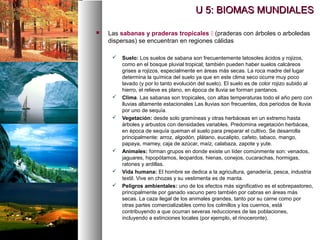 U 5: BIOMAS MUNDIALES

   Las sabanas y praderas tropicales  (praderas con árboles o arboledas
    dispersas) se encuentran en regiones cálidas

        Suelo: Los suelos de sabana son frecuentemente latosoles ácidos y rojizos,
         como en el bosque pluvial tropical; también pueden haber suelos calcáreos
         grises a rojizos, especialmente en áreas más secas. La roca madre del lugar
         determina la química del suelo ya que en este clima seco ocurre muy poco
         lavado (y por lo tanto evolución del suelo). El suelo es de color rojizo subido al
         hierro, el relieve es plano, en época de lluvia se forman pantanos.
        Clima. Las sabanas son tropicales, con altas temperaturas todo el año pero con
         lluvias altamente estacionales Las lluvias son frecuentes, dos periodos de lluvia
         por uno de sequía.
        Vegetación: desde solo gramíneas y otras herbáceas en un extremo hasta
         árboles y arbustos con densidades variables. Predomina vegetación herbácea,
         en época de sequía queman el suelo para preparar el cultivo. Se desarrolla
         principalmente: arroz, algodón, plátano, eucalipto, cafeto, tabaco, mango,
         papaya, mamey, caja de azúcar, maíz, calabaza, zapote y yute.
        Animales: forman grupos en donde existe un líder comúnmente son: venados,
         jaguares, hipopótamos, leopardos, hienas, conejos, cucarachas, hormigas,
         ratones y ardillas.
        Vida humana: El hombre se dedica a la agricultura, ganadería, pesca, industria
         textil. Vive en chozas y su vestimenta es de manta.
        Peligros ambientales: uno de los efectos más significativo es el sobrepastoreo,
         principalmente por ganado vacuno pero también por cabras en áreas más
         secas. La caza ilegal de los animales grandes, tanto por su carne como por
         otras partes comercializables como los colmillos y los cuernos, está
         contribuyendo a que ocurran severas reducciones de las poblaciones,
         incluyendo a extinciones locales (por ejemplo, el rinoceronte).
 