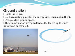 •Ground station:
Holds the tether.
Used as a resting place for the energy kite , when not in flight.
Occupies less ground space.
The ground station strength decides the length up to which
the kite can be tethered.
 