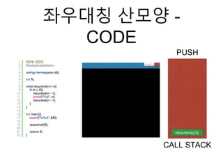 좌우대칭 산모양 -
CODE
PUSH
CALL STACK
recursive(3);
 