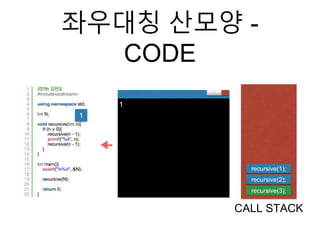 좌우대칭 산모양 -
CODE
CALL STACK
1
1
recursive(3);
recursive(2);
recursive(1);
 