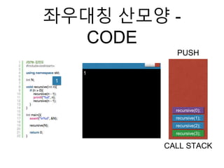 좌우대칭 산모양 -
CODE
PUSH
CALL STACK
1
1
recursive(0);
recursive(3);
recursive(2);
recursive(1);
 