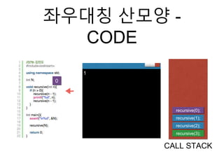 좌우대칭 산모양 -
CODE
CALL STACK
1
0
recursive(0);
recursive(3);
recursive(2);
recursive(1);
 