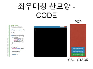 좌우대칭 산모양 -
CODE
POP
CALL STACK
1
recursive(3);
recursive(2);
recursive(1);
 