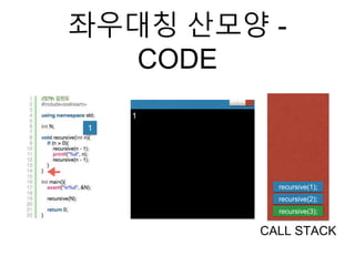 좌우대칭 산모양 -
CODE
CALL STACK
1
1
recursive(3);
recursive(2);
recursive(1);
 