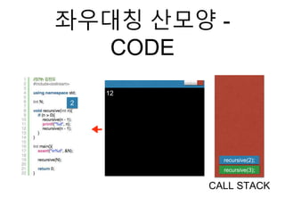좌우대칭 산모양 -
CODE
CALL STACK
recursive(3);
recursive(2);
2
12
 
