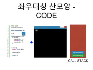 좌우대칭 산모양 -
CODE
CALL STACK
recursive(3);
recursive(2);
2
121
 
