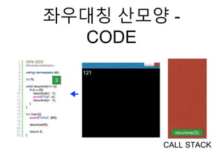 좌우대칭 산모양 -
CODE
recursive(3);
CALL STACK
3
121
 