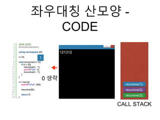 좌우대칭 산모양 -
CODE
recursive(3);
CALL STACK
1
121312
recursive(2);
recursive(1);
0 생략
 
