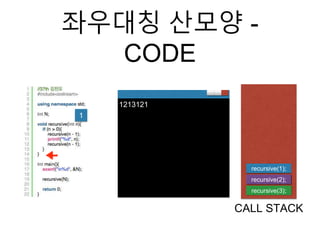 좌우대칭 산모양 -
CODE
recursive(3);
CALL STACK
1
1213121
recursive(2);
recursive(1);
 
