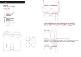 DE
GARANTIE
IBIS ED – Garantie von 30Jahren
LIEFERUMFANG
•	 	Fernglas
•	 	Tasche
•	 	 Trageriemen für Fernglas
•	 	 Trageriemen für Tasche
•	 	Okularschutzdeckel
•	 	Garantiekarte
IBIS ED
1.		Okular-Augenmuscheln
2.		Dioptrierad
3.		 Ösen für Trageriemen
4.		 Fokussierrad
5.		Stativanschlussgewindes
6.		Objectivschutzdeckel
7.		Regenschutzdecke
ANBRINGEN DES TRAGRIEMENS
EINSTELLEN DER AUGENMUSCHELN. VERWENDUNG MIT UND OHNE BRILLE
Drehen Sie beide Augenmuscheln im Gegenuhrzeigersinn, für die Beobachtung ohne Brille.
Drehen Sie beide Augenmuscheln im Uhrzeigersinn, für die Beobachtung mit Brille.
Achtung! Die Augenmuschel das IBIS ED ist komplette abschraubbar für
die einfache Reinigung oder Austausch.
Drehen Sie die Augenmuschel gegen den Uhrzeigersinn, um sie zu entfernen.Neue Augenmuscheln
erhalten Sie bei Ihrem KITE-Vertragshändler, falls Sie eine neue Augenmuschel benötigen.
 