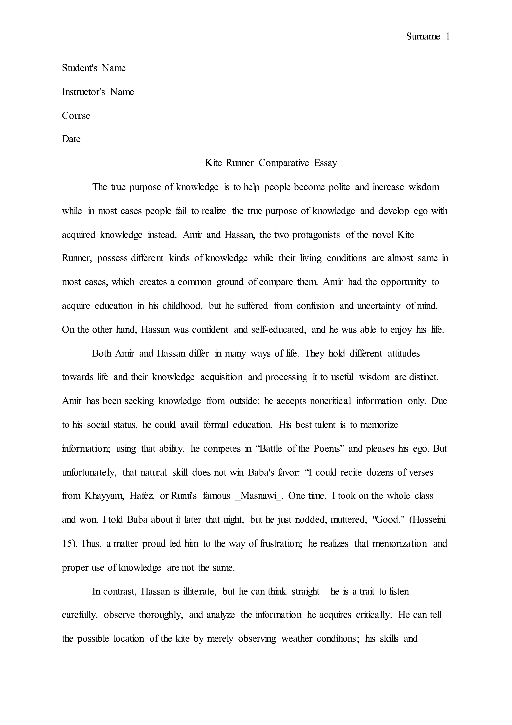 Kite runner essay sample PDF