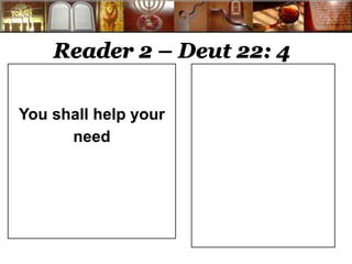 Reader 2 – Deut 22: 4 
You shall help your 
need 
 