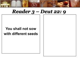 Reader 3 – Deut 22: 9 
You shall not sow 
with different seeds 
 