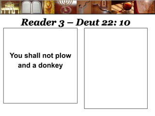 Reader 3 – Deut 22: 10 
You shall not plow 
and a donkey 
 