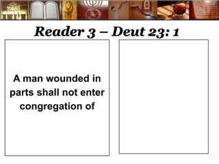 Reader 3 – Deut 23: 1 
A man wounded in 
parts shall not enter 
congregation of 
 