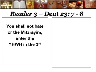 Reader 3 – Deut 23: 7 - 8 
You shall not hate 
or the Mitzrayim, 
enter the 
YHWH in the 3rd 
 