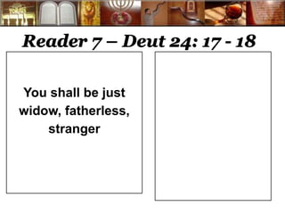 Reader 7 – Deut 24: 17 - 18 
You shall be just 
widow, fatherless, 
stranger 
 