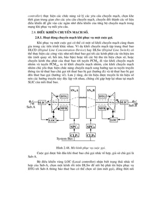 controller) thùc hiÖn c¸c chøc n¨ng xö lý c¸c yªu cÇu chuyÓn m¹ch, chän khe
thêi gian trung gian cho c¸c yªu cÇu chuyÓn m¹ch, chuyÓn ®æi thµnh c¸c sè liÖu
®iÒu khiÓn ®Ó ghi vµo c¸c ng¨n nhí ®iÒu khiÓn cña tõng bé chuyÓn m¹ch trong
m¹ng khi phôc vô mçi yªu cÇu.
2.8. §iÒu khiÓn chuyÓn m¹ch sè.
2.8.1. Ho¹t ®éng chuyÓn m¹ch khi phôc vô mét cuéc gäi.
Khi phôc vô mét cuéc gäi cã thÓ cã mét sè khèi chuyÓn m¹ch cïng tham
gia trong c¸c tiÕn tr×nh kh¸c nhau. VÝ dô khèi chuyÓn m¹ch tËp trung thuª bao
DLCD (Digital Line Concentration Device) hay DLSw (Digital Line Switch) cã
thÓ thùc hiÖn c¸c c«ng viÖc nh- nèi thuª bao gäi tíi c¸c kªnh ph¸t c¸c tÝn hiÖu ©m
tÇn (mêi quay sè, håi ©m, b¸o bËn) hoÆc tíi c¸c bé thu tÝn hiÖu chän sè, hoÆc
chuyÓn kªnh thu ph¸t cña thuª bao tíi tuyÕn PCMin ®i vµo khèi chuyÓn m¹ch
nhãm vµ tuyÕn PCMout ra tõ khèi chuyÓn m¹ch nhãm, cßn khèi chuyÓn m¹ch
nhãm chñ yÕu thùc hiÖn chøc n¨ng chuyÓn m¹ch song h-íng t¹o ra tuyÕn truyÒn
th«ng tin tõ thuª bao chñ gäi tíi thuª bao bÞ gäi (h-íng ®i) vµ tõ thuª bao bÞ gäi
®Õn thuª bao gäi (h-íng vÒ). L-u ý r»ng, do tÝn hiÖu ®-îc truyÒn lµ tÝn hiÖu sè
nªn c¸c h-íng truyÒn nµy ®éc lËp víi nhau, chóng chØ gÆp hîp l¹i nhau t¹i m¹ch
SLIC cña mçi thuª bao.
H×nh 2.48. M« h×nh phôc vô cuéc gäi.
Cuéc gäi ®-îc b¾t ®Çu khi thuª bao chñ gäi nhÊc tæ hîp, gi¶ sö chñ gäi lµ
Sub-A.
Bé ®iÒu khiÓn vïng LOC (Local controller) nhËn biÕt tr¹ng th¸i nhÊc tæ
hîp cña Sub-A, chän mét kªnh rçi trªn DLSw ®Ó nèi bé ph¸t tÝn hiÖu phôc vô
DTG tíi Sub-A th«ng b¸o thuª bao cã thÓ chän sè (©m mêi gäi), ®ång thêi nèi
 slic
dtg
mfr
dlsw
loc
snwa
spca
clpa
snwb
spcb
clpb
dtg
mfr
dlsw
loc

slic
Sub.A Sub.B
System Bus
 