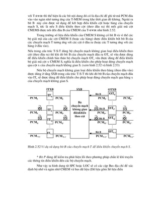 víi T-RWSR th× thÓ hiÖn lµ c¸c bÝt néi dung ®ã cã lµ ®Þa chØ ®Ó ghi tõ m· PCM ®Çu
vµo vµo ng¨n nhí t-¬ng øng cña T-MEM trong khe thêi gian ®ã kh«ng. Ngoµi ra
bÝt B nµy cßn ®-îc sö dông ®Ó kÕt hîp ®iÒu khiÓn cét hoÆc hµng cña chuyÓn
m¹ch S, tøc lµ nÕu S ®iÒu khiÓn theo cét (theo ®Çu ra) th× mçi gi¶i m· cét
CMEMS ®-îc nèi ®Õn ®Çu B cña CMEM cña T-RWSR nh- h×nh 2.52.
Trong tr-êng sè liÖu ®iÒu khiÓn cña CMEM S kh«ng cã bÝt B vµ v× thÕ c¸c
bé gi¶i m· cña c¸c cét CMEM S (hoÆc c¸c hµng) ®-îc ®iÒu khiÓn bëi bÝt B cña
c¸c chuyÓn m¹ch T t-¬ng øng víi c¸c cét ë ®Çu ra (hoÆc c¸c T t-¬ng øng víi c¸c
hµng ë ®Çu vµo).
NÕu trong cÊu tróc T-S-T dïng bé chuyÓn m¹ch kh«ng gian lo¹i ®iÒu khiÓn theo
cét (theo ®Çu ra) th× khi ®ã bÝt B cña chuyÓn m¹ch ®Çu ra OTx sÏ võa ®-îc dïng
®Ó ®iÒu khiÓn chÝnh b¶n th©n bé chuyÓn m¹ch OTx võa ®-îc dïng ®Ó ®iÒu khiÓn
bé gi¶i m· cét x CMEM S, nghÜa lµ ®iÒu khiÓn cho phÐp ho¹t ®éng chuyÓn m¹ch
qua cét x cña chuyÓn m¹ch kh«ng gian S. (xem h×nh 2.52 vµ h×nh 2.53)
NÕu bé chuyÓn m¹ch kh«ng gian lo¹i ®iÒu khiÓn theo hµng (theo ®Çu vµo)
®-îc dïng ë tÇng SXB trong cÊu tróc T-S-T th× khi ®ã bÝt B cña chuyÓn m¹ch ®Çu
vµo ITx sÏ ®-îc dïng ®Ó ®iÒu khiÓn cho phÐp ho¹t ®éng chuyÓn m¹ch qua hµng x
cña chuyÓn m¹ch kh«ng gian S.
H×nh 2.52 VÝ dô sö dông bÝt B cña chuyÓn m¹ch T ®Ó ®iÒu khiÓn chuyÓn m¹ch S.
* BÝt P dïng ®Ó kiÓm tra ph¸t hiÖn lçi theo ph-¬ng ph¸p ch½n lÎ khi truyÒn
c¸c th«ng tin ®iÒu khiÓn ®Õn c¸c bé chuyÓn m¹ch.
Nh- vËy ta h×nh dung tõ SPC hoÆc LOC sÏ cã c¸c cÆp Bus ®Þa chØ ®Ó x¸c
®Þnh bé nhí vµ ng¨n nhí CMEM vµ bus d÷ liÖu (D÷ liÖu gåm Sè liÖu ®iÒu
Bé
chuyÓn m¹ch
kh«ng gian
®iÒukhiÓn
theo cét
Pcm0 Pcm0’ Pcm0”
PcmP PcmP* PcmP”
PcmQ PcmQ* PcmQ”
PcmN-1 PcmN-1* PcmN-1”
Chi Chh
Chj
Chj Chk
Chi
IT0
ITP
ITQ
ITN-1
Pcm0
PcmP’
PcmQ’
PcmN-1’
Chk
Chh

OT0
OTP
OTQ
OTN-1


itxb otxb
sxb

Bit B
Bit B
Bit B
Bit B
 