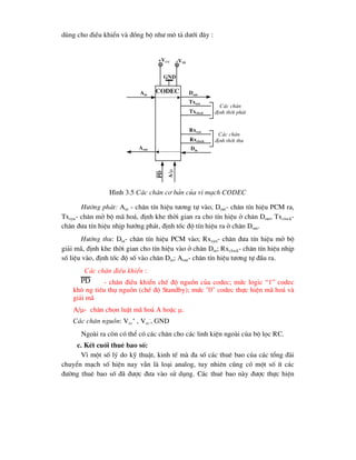 dïng cho ®iÒu khiÓn vµ ®ång bé nh- m« t¶ d-íi ®©y :
H×nh 3.5 C¸c ch©n c¬ b¶n cña vi m¹ch CODEC
H-íng ph¸t: Ain - ch©n tÝn hiÖu t-¬ng tù vµo, Dout- ch©n tÝn hiÖu PCM ra,
Txsyn- ch©n më bé m· ho¸, ®Þnh khe thêi gian ra cho tÝn hiÖu ë ch©n Dout, Txclock-
ch©n ®-a tÝn hiÖu nhÞp h-íng ph¸t, ®Þnh tèc ®é tÝn hiÖu ra ë ch©n Dout.
H-íng thu: Din- ch©n tÝn hiÖu PCM vµo; Rxsyn- ch©n ®-a tÝn hiÖu më bé
gi¶i m·, ®Þnh khe thêi gian cho tÝn hiÖu vµo ë ch©n Din; Rxclock- ch©n tÝn hiÖu nhÞp
sè liÖu vµo, ®Þnh tèc ®é sè vµo ch©n Din; Aout- ch©n tÝn hiÖu t-¬ng tù ®Çu ra.
C¸c ch©n ®iÒu khiÓn :
- ch©n ®iÒu khiÓn chÕ ®é nguån cña codec; møc logic “1” codec
kh« ng tiªu thô nguån (chÕ ®é Standby); møc "0" codec thùc hiÖn m· ho¸ vµ
gi¶i m·
A/- ch©n chän luËt m· ho¸ A hoÆc .
C¸c ch©n nguån: Vcc
+
, Vss
-
, GND
Ngoµi ra cßn cã thÓ cã c¸c ch©n cho c¸c linh kiÖn ngoµi cña bé läc RC.
c. KÕt cuèi thuª bao sè:
V× mét sè lý do kü thuËt, kinh tÕ mµ ®a sè c¸c thuª bao cña c¸c tæng ®µi
chuyÓn m¹ch sè hiÖn nay vÉn lµ lo¹i analog, tuy nhiªn còng cã mét sè Ýt c¸c
®-êng thuª bao sè ®· ®-îc ®-a vµo sö dông. C¸c thuª bao nµy ®-îc thùc hiÖn
codec
Ain Dout
Txsyn
Txclock
Din
Rxsyn
Rxclock
Aout
+VCC -VSS
gnd
pd
a/
C¸c ch©n
®Þnh thêi ph¸t
C¸c ch©n
®Þnh thêi thu
PD
 