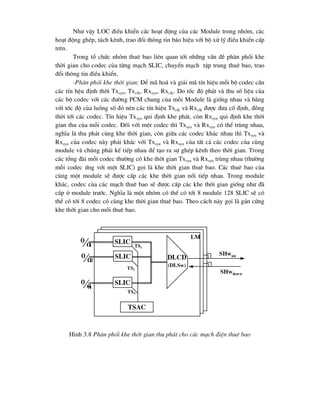 Nh- vËy LOC ®iÒu khiÓn c¸c ho¹t ®éng cña c¸c Module trong nhãm, c¸c
ho¹t ®éng ghÐp, t¸ch kªnh, trao ®æi th«ng tin b¸o hiÖu víi bé xö lý ®iÒu khiÓn cÊp
trªn.
Trong tæ chøc nhãm thuª bao liªn quan tíi nh÷ng vÊn ®Ò ph©n phèi khe
thêi gian cho codec cña tõng m¹ch SLIC, chuyÓn m¹ch tËp trung thuª bao, trao
®æi th«ng tin ®iÒu khiÓn.
-Ph©n phèi khe thêi gian: §Ó m· ho¸ vµ gi¶i m· tÝn hiÖu mçi bé codec cÇn
c¸c tÝn hÖu ®Þnh thêi Txsyn, Txclk, Rxsyn, Rxclk. Do tèc ®é ph¸t vµ thu sè liÖu cña
c¸c bé codec víi c¸c ®-êng PCM chung cña mçi Module lµ gièng nhau vµ b»ng
víi tèc ®é cña luång sè ®ã nªn c¸c tÝn hiÖu Txclk vµ Rxclk ®-îc ®-a cè ®Þnh, ®ång
thêi tíi c¸c codec. TÝn hiÖu Txsyn qui ®Þnh khe ph¸t, cßn Rxsyn qui ®Þnh khe thêi
gian thu cña mçi codec. §èi víi mét codec th× Txsyn vµ Rxsyn cã thÓ trïng nhau,
nghÜa lµ thu ph¸t cïng khe thêi gian, cßn gi÷a c¸c codec kh¸c nhau th× Txsyn vµ
Rxsyn cña codec nµy ph¶i kh¸c víi Txsyn vµ Rxsyn cña tÊt c¶ c¸c codec cña cïng
module vµ chóng ph¶i kÕ tiÕp nhau ®Ó t¹o ra sù ghÐp kªnh theo thêi gian. Trong
c¸c tæng ®µi mçi codec th-êng cã khe thêi gian Txsyn vµ Rxsyn trïng nhau (th-êng
mçi codec øng víi mét SLIC) gäi lµ khe thêi gian thuª bao. C¸c thuª bao cña
cïng mét module sÏ ®-îc cÊp c¸c khe thêi gian nèi tiÕp nhau. Trong module
kh¸c, codec cña c¸c m¹ch thuª bao sÏ ®-îc cÊp c¸c khe thêi gian gièng nh- ®·
cÊp ë module tr-íc. NghÜa lµ mét nhãm cã thÓ cã tíi 8 module 128 SLIC sÏ cã
thÓ cã tíi 8 codec cã cïng khe thêi gian thuª bao. Theo c¸ch nµy gäi lµ g¸n cøng
khe thêi gian cho mçi thuª bao.
H×nh 3.8 Ph©n phèi khe thêi gian thu ph¸t cho c¸c m¹ch ®iÖn thuª bao
 slic
 slic
tsac
dlcd
(dlsw)
lm
shwup
shwdown
 slic
1
2
n
ts1
ts2
tsN
 