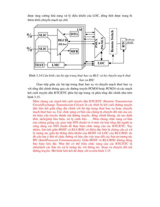®-îc t¨ng c-êng kh¶ n¨ng xö lý ®iÒu khiÓn cña LOC, ®ång thêi ®-îc trang bÞ
thªm khèi chuyÓn m¹ch t¹i chç.
H×nh 3.14 CÊu h×nh cña bé tËp trung thuª bao xa RLU vµ bé chuyÓn m¹ch thuª
bao xa RSU
Giao tiÕp gi÷a c¸c bé tËp trung thuª bao xa vµ chuyÓn m¹ch thuª bao xa
víi tæng ®µi chÝnh th«ng qua c¸c ®-êng truyÒn PCM30 hoÆc PCM24 vµ c¸c m¹ch
kÕt cuèi truyÒn dÉn RTC/ETC phÝa bé tËp trung vµ phÝa tæng ®µi chÝnh nh- trªn
h×nh 3.15.
Nh×n chung c¸c m¹ch kÕt cuèi truyÒn dÉn RTC/ETC (Remote Transmission
Circuit/Exchange Transmission Circuit) lµ c¸c thiÕt bÞ kÕt cuèi ®-êng truyÒn
dÉn liªn kÕt gi÷a tæng ®µi chÝnh víi bé tËp trung thuª bao xa hoÆc chuyÓn
m¹ch thuª bao xa. C¸c chøc n¨ng c¬ b¶n cña chóng lµ chuyÓn ®æi m· cña c¸c
tÝn hiÖu cÇn truyÒn thµnh m· ®-êng truyÒn, ®ång chØnh khung, t¸i t¹o ®Þnh
thêi, t¸ch/ghÐp b¸o hiÖu, xö lý c¶nh b¸o… . Nh×n chung chøc n¨ng c¬ b¶n
cña chóng gièng c¸c giao tiÕp DTI chuÈn vµ ë mét vµi lo¹i tæng ®µi ng-êi ta
còng dïng c¸c DTI chuÈn ®Ó thùc hiÖn chøc n¨ng cña c¸c RTC/ETC. Tuy
nhiªn, liªn kÕt gi÷a HOST vµ RLU/RSU cã ®iÓm ®Æc biÖt lµ chóng cÇn cã xö
lý t-¬ng t¸c gi÷a hÖ thèng ®iÒu khiÓn cña HOST víi LOC cña RLU/RSU do
®ã cÇn l-u ý ®Õn tæ chøc ®-êng sè liÖu cho viÖc trao ®æi c¸c b¶n tin t-¬ng t¸c
IPC (InterProcessor Communication). Gi÷a HOST vµ RLU/RSU kh«ng dïng
b¸o hiÖu liªn ®µi. Nh- thÕ cã thÓ hiÓu chøc n¨ng cña c¸c RTC/ETC lµ
chÌn/t¸ch c¸c b¶n tin xö lý t-¬ng t¸c víi th«ng tin tho¹i vµ chuyÓn ®æi m·
®-êng truyÒn. M« h×nh liªn kÕt ®ã ®-îc chØ ra trªn h×nh 3.15


lmc
dlcd
(dlsw)
dtg
mfr
lm
loc
pmux
&
pd
e
mux
slic
slic
remote
switch
To/From
HOST
rtc
test
 