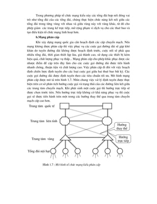 Trong ph-¬ng ph¸p tæ chøc m¹ng kiÓu nµy c¸c tæng ®µi hîp nèi ®ãng vai
trß nh- tæng ®µi cña c¸c tæng ®µi, chóng thùc hiÖn chøc n¨ng kÕt nèi gi÷a c¸c
tæng ®µi trong tõng vïng víi nhau vµ gi÷a vïng nµy víi vïng kh¸c, tõ ®ã cho
phÐp gi¶m c¸c trung kÕ trùc tiÕp, më réng ph¹m vi dÞch vô cho c¸c thuª bao vµ
t¹o ®iÒu kiÖn tæ chøc m¹ng linh ho¹t h¬n.
b.M¹ng ph©n cÊp
Khi x©y dùng m¹ng quèc gia cÇn ho¹ch ®Þnh c¸c cÊp chuyÓn m¹ch. NÕu
m¹ng kh«ng ®-îc ph©n cÊp th× viÖc phôc vô c¸c cuéc gäi ®-êng dµi sÏ gÆp khã
kh¨n do tuyÕn ®-êng dµi kh«ng ®-îc ho¹ch ®Þnh tr-íc, cuéc nèi sÏ ph¶i qua
nhiÒu tæng ®µi, thêi gian thiÕt lËp l©u, gi¸ thµnh cao, sö dông c¸c thiÕt bÞ kÐm
hiÖu qu¶, chÊt l-îng phôc vô thÊp... M¹ng ph©n cÊp cho phÐp kh¾c phôc ®-îc c¸c
nh-îc ®iÓm ®Ò cËp trªn ®©y lµm cho c¸c cuéc gäi ®-êng dµi ®-îc tiÕn hµnh
nhanh chãng, thuËn tiÖn vµ chÊt l-îng cao. ViÖc ph©n cÊp ®i ®«i víi viÖc ho¹ch
®Þnh chiÕn l-îc ®Þnh tuyÕn cho c¸c lo¹i cuéc gäi gi÷a hai thuª bao bÊt kú. C¸c
cuéc gäi ®-êng dµi ®-îc ®Þnh tuyÕn theo c¸c tiªu chuÈn tèi -u. M« h×nh m¹ng
ph©n cÊp ®-îc m« t¶ trªn h×nh 1.7. Nh×n chung viÖc xö lý ®Þnh tuyÕn ®-îc thùc
hiÖn trªn c¬ së ph©n tÝch h-íng cuéc gäi vµ tr¹ng th¸i cña c¸c ®-êng liªn kÕt gi÷a
c¸c trung t©m chuyÓn m¹ch. Khi ph¸t sinh mét cuéc gäi th× h-íng trùc tiÕp sÏ
®-îc chän tr-íc tiªn. NÕu h-íng trùc tiÕp kh«ng cã kh¶ n¨ng phôc vô th× cuéc
gäi sÏ ®-îc tiÕn hµnh trªn mét trong c¸c h-íng thay thÕ qua trung t©m chuyÓn
m¹ch cÊp cao h¬n.
Trung t©m quèc tÕ
Trung t©m liªn tØnh
Trung t©m vïng
Tæng ®µi néi h¹t
H-íng
trùc tiÕp
H-íng
thay thÕ
H×nh 1.7 : M« h×nh tæ chøc m¹ng kiÓu ph©n cÊp
 