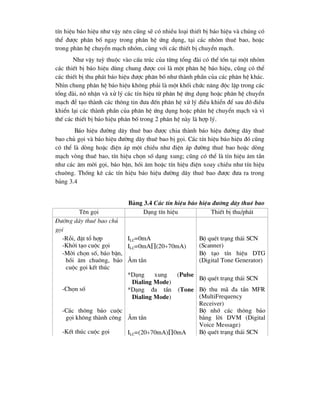 tÝn hiÖu b¸o hiÖu nh- vËy nªn còng sÏ cã nhiÒu lo¹i thiÕt bÞ b¸o hiÖu vµ chóng cã
thÓ ®-îc ph©n bè ngay trong ph©n hÖ øng dông, t¹i c¸c nhãm thuª bao, hoÆc
trong ph©n hÖ chuyÓn m¹ch nhãm, cïng víi c¸c thiÕt bÞ chuyÓn m¹ch.
Nh- vËy tuú thuéc vµo cÊu tróc cña tõng tæng ®µi cã thÓ tån t¹i mét nhãm
c¸c thiÕt bÞ b¸o hiÖu dïng chung ®-îc coi lµ mét ph©n hÖ b¸o hiÖu, còng cã thÓ
c¸c thiÕt bÞ thu ph¸t b¸o hiÖu ®-îc ph©n bè nh- thµnh phÇn cña c¸c ph©n hÖ kh¸c.
Nh×n chung ph©n hÖ b¸o hiÖu kh«ng ph¶i lµ mét khèi chøc n¨ng ®éc lËp trong c¸c
tæng ®µi, nã nhËn vµ xö lý c¸c tÝn hiÖu tõ ph©n hÖ øng dông hoÆc ph©n hÖ chuyÓn
m¹ch ®Ó t¹o thµnh c¸c th«ng tin ®-a ®Õn ph©n hÖ xö lý ®iÒu khiÓn ®Ó sau ®ã ®iÒu
khiÓn l¹i c¸c thµnh phÇn cña ph©n hÖ øng dông hoÆc ph©n hÖ chuyÓn m¹ch vµ v×
thÕ c¸c thiÕt bÞ b¸o hiÖu ph©n bè trong 2 ph©n hÖ nµy lµ hîp lý.
B¸o hiÖu ®-êng d©y thuª bao ®-îc chia thµnh b¸o hiÖu ®-êng d©y thuª
bao chñ gäi vµ b¸o hiÖu ®-êng d©y thuª bao bÞ gäi. C¸c tÝn hiÖu b¸o hiÖu ®ã còng
cã thÓ lµ dßng hoÆc ®iÖn ¸p mét chiÒu nh- ®iÖn ¸p ®-êng thuª bao hoÆc dßng
m¹ch vßng thuª bao, tÝn hiÖu chän sè d¹ng xung; còng cã thÓ lµ tÝn hiÖu ©m tÇn
nh- c¸c ©m mêi gäi, b¸o bËn, håi ©m hoÆc tÝn hiÖu ®iÖn xoay chiÒu nh- tÝn hiÖu
chu«ng. Thèng kª c¸c tÝn hiÖu b¸o hiÖu ®-êng d©y thuª bao ®-îc ®-a ra trong
b¶ng 3.4
B¶ng 3.4 C¸c tÝn hiÖu b¸o hiÖu ®-êng d©y thuª bao
Tªn gäi D¹ng tÝn hiÖu ThiÕt bÞ thu/ph¸t
§-êng d©y thuª bao chñ
gäi
-Rçi, ®Æt tæ hîp ILC=0mA
-Khëi t¹o cuéc gäi ILC=0mA(2070mA)
Bé quÐt tr¹ng th¸i SCN
(Scanner)
-Mêi chän sè, b¸o bËn,
håi ©m chu«ng, b¸o
cuéc gäi kÕt thóc
¢m tÇn
Bé t¹o tÝn hiÖu DTG
(Digital Tone Generator)
*D¹ng xung (Pulse
Dialing Mode)
Bé quÐt tr¹ng th¸i SCN
-Chän sè *D¹ng ®a tÇn (Tone
Dialing Mode)
Bé thu m· ®a tÇn MFR
(MultiFrequency
Receiver)
-C¸c th«ng b¸o cuéc
gäi kh«ng thµnh c«ng ¢m tÇn
Bé nhí c¸c th«ng b¸o
b»ng lêi DVM (Digital
Voice Message)
-KÕt thóc cuéc gäi ILC=(2070mA)0mA Bé quÐt tr¹ng th¸i SCN
 