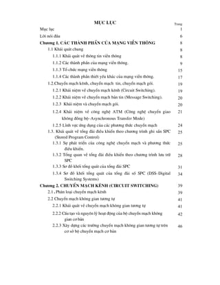 môc lôc Trang
Môc lôc 1
lêi nãi ®Çu 6
ch-¬ng 1. C¸c thµnh phÇn cña m¹ng viÔn th«ng 8
1.1 Kh¸i qu¸t chung 8
1.1.1 Kh¸i qu¸t vÒ th«ng tin viÔn th«ng 8
1.1.2 C¸c thµnh phÇn cña m¹ng viÔn th«ng. 9
1.1.3 Tæ chøc m¹ng viÔn th«ng 15
1.1.4 C¸c thµnh phÇn thiÕt yÕu kh¸c cña m¹ng viÔn th«ng. 17
1.2.ChuyÓn m¹ch kªnh, chuyÓn m¹ch tin, chuyÓn m¹ch gãi. 19
1.2.1 Kh¸i niÖm vÒ chuyÓn m¹ch kªnh (Circuit Switching). 19
1.2.2 Kh¸i niÖm vÒ chuyÓn m¹ch b¶n tin (Message Switching). 20
1.2.3 Kh¸i niÖm vµ chuyÓn m¹ch gãi. 20
1.2.4 Kh¸i niÖm vÒ c«ng nghÖ atm (C«ng nghÖ chuyÓn giao
kh«ng ®ång bé–asynchronous Transfer Mode)
21
1.2.5 lÜnh vùc øng dông cña c¸c ph-¬ng thøc chuyÓn m¹ch 24
1.3. Kh¸i qu¸t vÒ tæng ®µi ®iÒu khiÓn theo ch-¬ng tr×nh ghi s½n SPC
(Stored Program Control)
25
1.3.1 Sù ph¸t triÓn cña c«ng nghÖ chuyÓn m¹ch vµ ph-¬ng thøc
®iÒu khiÓn.
25
1.3.2 Tæng quan vÒ tæng ®µi ®iÒu khiÓn theo ch-¬ng tr×nh l-u tr÷
SPC
28
1.3.3 S¬ ®å khèi tæng qu¸t cña tæng ®µi SPC 31
1.3.4 S¬ ®å khèi tæng qu¸t cña tæng ®µi sè SPC (DSS–Digital
Switching Systems)
34
Ch-¬ng 2. ChuyÓn m¹ch kªnh (Circuit switching) 39
2.1.Ph©n lo¹i chuyÓn m¹ch kªnh 39
2.2 ChuyÓn m¹ch kh«ng gian t-¬ng tù 41
2.2.1 Kh¸i qu¸t vÒ chuyÓn m¹ch kh«ng gian t-¬ng tù 41
2.2.2 CÊu t¹o vµ nguyªn lý ho¹t ®éng cña bé chuyÓn m¹ch kh«ng
gian c¬ b¶n
42
2.2.3 X©y dùng c¸c tr-êng chuyÓn m¹ch kh«ng gian t-¬ng tù trªn
c¬ së bé chuyÓn m¹ch c¬ b¶n
46
 