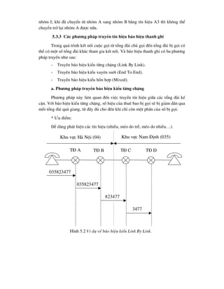 nhãm I; khi ®· chuyÓn tõ nhãm A sang nhãm B b»ng tÝn hiÖu A3 th× kh«ng thÓ
chuyÓn trë l¹i nhãm A ®-îc n÷a.
5.3.3 C¸c ph-¬ng ph¸p truyÒn tÝn hiÖu b¸o hiÖu thanh ghi
Trong qu¸ tr×nh kÕt nèi cuéc gäi tõ tæng ®µi chñ gäi ®Õn tæng ®µi bÞ gäi cã
thÓ cã mét sè tæng ®µi kh¸c tham gia kÕt nèi. Vµ b¸o hiÖu thanh ghi cã ba ph-¬ng
ph¸p truyÒn nh- sau:
- TruyÒn b¸o hiÖu kiÓu tõng chÆng (Link By Link).
- TruyÒn b¸o hiÖu kiÓu xuyªn suèt (End To End).
- TruyÒn b¸o hiÖu kiÓu hçn hîp (Mixed).
a. Ph-¬ng ph¸p truyÒn b¸o hiÖu kiÓu tõng chÆng
Ph-¬ng ph¸p nµy liªn quan ®Õn viÖc truyÒn tÝn hiÖu gi÷a c¸c tæng ®µi kÕ
cËn. Víi b¸o hiÖu kiÓu tõng chÆng, sè hiÖu cña thuª bao bÞ gäi sÏ bÞ gi¶m dÇn qua
mçi tæng ®µi qu¸ giang, tõ ®Çy ®ñ cho ®Õn khi chØ cßn mét phÇn cña sè bÞ gäi.
* ¦u ®iÓm:
DÔ dµng ph¸t hiÖn c¸c tÝn hiÖu (nhiÔu, mÐo do trÔ, mÐo do nhiÔu…).
T§ A T§ B T§ C T§ D
Khu vùc Hµ Néi (04) Khu vùc Nam §Þnh (035)
035823477
035823477
823477
3477
H×nh 5.2 VÝ dô vÒ b¸o hiÖu kiÓu Link By Link.
 