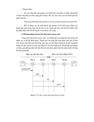 * Nh-îc ®iÓm:
- T¹i c¸c tæng ®µi qu¸ giang, c¸c thanh ghi võa ph¶i cã chøc n¨ng nhËn
sè hiÖu võa ph¶i cã chøc n¨ng göi sè hiÖu. Do vËy viÖc xö lý t¹i c¸c thanh ghi nµy
phøc t¹p h¬n.
- Thêi gian thiÕt lËp cuéc gäi l©u v× sè c¸c sè hiÖu truyÒn trªn tuyÕn lín.
- Khi sö dông c¸c tÝn hiÖu thanh ghi h-íng vÒ th× thêi gian chiÕm c¸c
thanh ghi qu¸ giang t¨ng lªn do tÊt c¶ c¸c thanh ghi trªn mét kÕt nèi nhiÒu liªn
kÕt ph¶i ®-îc kÕt nèi ®Ó truyÒn vÒ tÝn hiÖu cuèi cïng.
b. Ph-¬ng ph¸p truyÒn b¸o hiÖu kiÓu xuyªn suèt
Trong b¸o hiÖu kiÓu xuyªn suèt, c¸c thanh ghi cña tæng ®µi qu¸ giang chØ
nhËn c¸c sè ®ñ ®Ó ®Þnh tuyÕn. Thanh ghi cña tæng ®µi xuÊt ph¸t cuéc gäi sÏ lµm
viÖc trong suèt thêi gian thiÕt lËp cuéc gäi, nã cÇn ®-îc chuÈn bÞ dÓ göi mét phÇn
th«ng tin ®Þa chØ khi cã yªu cÇu b»ng c¸c tÝn hiÖu h-íng vÒ. Thanh ghi qu¸ giang
sÏ ®-îc gi¶i phãng khái kÕt nèi khi kÕt nèi ®-îc ph¸t triÓn lªn phÝa tr-íc tõ tæng
®µi qu¸ giang ®ã.
T§ A T§ B T§ C T§ D
Khu vùc Hµ Néi (04) Khu vùc Nam §Þnh (035)
035823477
035
82
3477
H×nh 5.3 VÝ dô vÒ b¸o hiÖu kiÓu End To End.
 