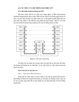 6.3 CÊu tróc cña hÖ thèng b¸o hiÖu sè 7
6.3.1 M« h×nh chuÈn hÖ thèng më OSI
M« h×nh chuÈn OSI do tæ chøc tiªu chuÈn Quèc tÕ ISO (International
Standard Organisation) ®-a ra n¨m 1980 víi môc ®Ých lµ do trong m¹ng truyÒn sè
liÖu, c¸c giao thøc rÊt khã x¸c ®Þnh chÝnh x¸c, v× thÕ ng-êi ta ph¶i ph©n nhá c¸c
giao thøc nµy thµnh 7 líp. ISO ®· c«ng nhËn m« h×nh chuÈn 7 líp lµ c¬ së cho
c¸c tiªu chuÈn kü thuËt trong t-¬ng lai cho c¸c hÖ thèng truyÒn sè liÖu.
-u ®iÓm cña m« h×nh nµy lµ giao thøc cña mét líp cã thÓ thay ®æi ®-îc
mµ kh«ng ¶nh h-ëng tíi c¸c líp kh¸c vµ viÖc thùc hiÖn c¸c chøc n¨ng trong mét
líp lµ tuú chän.
M« t¶ tãm t¾t c¸c líp nh- sau:
Líp 1 - Líp vËt lý (Physical Layer):
Cung cÊp c¸c chøc n¨ng vÒ vËt lý, ®iÖn vµ c¸c thñ tôc nguån ®Ó ho¹t ho¸,
b¶o d-ìng vµ khãa c¸c trung kÕ ®Ó truyÒn c¸c bÝt gi÷a c¸c ®-êng sè liÖu. Líp vËt
lý cßn cã chøc n¨ng biÕn ®æi sè liÖu thµnh c¸c tÝn hiÖu phï hîp víi m«i tr-êng
truyÒn dÉn.
Líp 7
Líp 6
Líp 5
Líp 4
Líp 3
Líp 2
Líp 1
Líp 7
Líp 6
Líp 5
Líp 4
Líp 3
Líp 2
Líp 1
Líp 3
Líp 2
Líp 1
H×nh 6.5. M« h×nh chuÈn OSI.
 