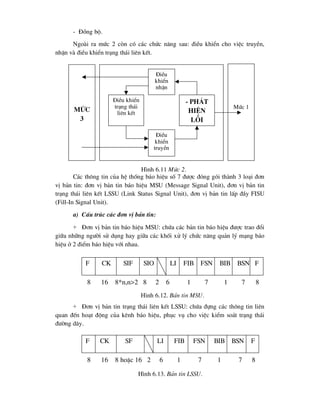 - §ång bé.
Ngoµi ra møc 2 cßn cã c¸c chøc n¨ng sau: ®iÒu khiÓn cho viÖc truyÒn,
nhËn vµ ®iÒu khiÓn tr¹ng th¸i liªn kÕt.
C¸c th«ng tin cña hÖ thèng b¸o hiÖu sè 7 ®-îc ®ãng gãi thµnh 3 lo¹i ®¬n
vÞ b¶n tin: ®¬n vÞ b¶n tin b¸o hiÖu MSU (Message Signal Unit), ®¬n vÞ b¶n tin
tr¹ng th¸i liªn kÕt LSSU (Link Status Signal Unit), ®¬n vÞ b¶n tin lÊp ®Çy FISU
(Fill-In Signal Unit).
a) CÊu tróc c¸c ®¬n vÞ b¶n tin:
+ §¬n vÞ b¶n tin b¸o hiÖu MSU: chøa c¸c b¶n tin b¸o hiÖu ®-îc trao ®æi
gi÷a nh÷ng ng-êi sö dông hay gi÷a c¸c khèi xö lý chøc n¨ng qu¶n lý m¹ng b¸o
hiÖu ë 2 ®iÓm b¸o hiÖu víi nhau.
+ §¬n vÞ b¶n tin tr¹ng th¸i liªn kÕt LSSU: chøa ®ùng c¸c th«ng tin liªn
quan ®Õn ho¹t ®éng cña kªnh b¸o hiÖu, phôc vô cho viÖc kiÓm so¸t tr¹ng th¸i
®-êng d©y.
Møc
3
§iÒu
khiÓn
nhËn
§iÒu khiÓn
tr¹ng th¸i
liªn kÕt
- Ph¸t
hiÖn
lçi
§iÒu
khiÓn
truyÒn
Møc 1
H×nh 6.11 Møc 2.
F CK SIF SIO LI FIB FSN BIB BSN F
8 16 8*n,n>2 8 2 6 1 7 1 7 8
H×nh 6.12. B¶n tin MSU.
F CK SF LI FIB FSN BIB BSN F
8 16 8 hoÆc 16 2 6 1 7 1 7 8
H×nh 6.13. B¶n tin LSSU.
 