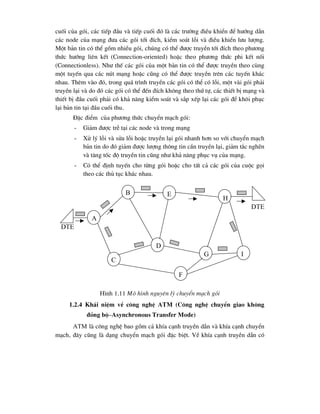 cuèi cña gãi, c¸c tiÕp ®Çu vµ tiÕp cuèi ®ã lµ c¸c tr-êng ®iÒu khiÓn ®Ó h-íng dÉn
c¸c node cña m¹ng ®-a c¸c gãi tíi ®Ých, kiÓm so¸t lçi vµ ®iÒu khiÓn l-u l-îng.
Mét b¶n tin cã thÓ gåm nhiÒu gãi, chóng cã thÓ ®-îc truyÒn tíi ®Ých theo ph-¬ng
thøc h-íng liªn kÕt (Connection-oriented) hoÆc theo ph-¬ng thøc phi kÕt nèi
(Connectionless). Nh- thÕ c¸c gãi cña mét b¶n tin cã thÓ ®-îc truyÒn theo cïng
mét tuyÕn qua c¸c nót m¹ng hoÆc còng cã thÓ ®-îc truyÒn trªn c¸c tuyÕn kh¸c
nhau. Thªm vµo ®ã, trong qu¸ tr×nh truyÒn c¸c gãi cã thÓ cã lçi, mét vµi gãi ph¶i
truyÒn l¹i vµ do ®ã c¸c gãi cã thÓ ®Õn ®Ých kh«ng theo thø tù, c¸c thiÕt bÞ m¹ng vµ
thiÕt bÞ ®Çu cuèi ph¶i cã kh¶ n¨ng kiÓm so¸t vµ s¾p xÕp l¹i c¸c gãi ®Ó kh«i phôc
l¹i b¶n tin t¹i ®Çu cuèi thu.
§Æc ®iÓm cña ph-¬ng thøc chuyÓn m¹ch gãi:
- Gi¶m ®-îc trÔ t¹i c¸c node vµ trong m¹ng
- Xö lý lçi vµ söa lçi hoÆc truyÒn l¹i gãi nhanh h¬n so víi chuyÓn m¹ch
b¶n tin do ®ã gi¶m ®-îc l-îng th«ng tin cÇn truyÒn l¹i, gi¶m t¾c nghÏn
vµ t¨ng tèc ®é truyÒn tin còng nh- kh¶ n¨ng phôc vô cña m¹ng.
- Cã thÓ ®Þnh tuyÕn cho tõng gãi hoÆc cho tÊt c¶ c¸c gãi cña cuéc gäi
theo c¸c thñ tôc kh¸c nhau.
H×nh 1.11 M« h×nh nguyªn lý chuyÓn m¹ch gãi
1.2.4 Kh¸i niÖm vÒ c«ng nghÖ atm (C«ng nghÖ chuyÓn giao kh«ng
®ång bé–asynchronous Transfer Mode)
atm lµ c«ng nghÖ bao gåm c¶ khÝa c¹nh truyÒn dÉn vµ khÝa c¹nh chuyÓn
m¹ch, ®©y còng lµ d¹ng chuyÓn m¹ch gãi ®Æc biÖt. VÒ khÝa c¹nh truyÒn dÉn cã
a
b
c
d
e
f
g
h
i
dte
dte
 