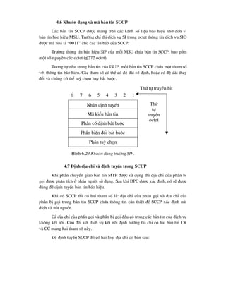 4.6 Khu«n d¹ng vµ m· b¶n tin SCCP
C¸c b¶n tin SCCP ®-îc mang trªn c¸c kªnh sè liÖu b¸o hiÖu nhê ®¬n vÞ
b¶n tin b¸o hiÖu MSU. Tr-êng chØ thÞ dÞch vô SI trong octet th«ng tin dÞch vô SIO
®-îc m· ho¸ lµ “0011” cho c¸c tin b¸o cña SCCP.
Tr-êng th«ng tin b¸o hiÖu SIF cña mçi MSU chøa b¶n tin SCCP, bao gåm
mét sè nguyªn c¸c octet (≤272 octet).
T-¬ng tù nh- trong b¶n tin cña ISUP, mçi b¶n tin SCCP chøa mét tham sè
víi th«ng tin b¸o hiÖu. C¸c tham sè cã thÓ cã ®é dµi cè ®Þnh, hoÆc cã ®é dµi thay
®æi vµ chóng cã thÓ tuú chän hay b¾t buéc.
4.7 §Þnh ®Þa chØ vµ ®Þnh tuyÕn trong SCCP
Khi phÇn chuyÓn giao b¶n tin MTP ®-îc sö dông th× ®Þa chØ cña phÇn bÞ
gäi ®-îc ph©n tÝch ë phÇn ng-êi sö dông. Sau khi DPC ®-îc x¸c ®Þnh, nã sÏ ®-îc
dïng ®Ó ®Þnh tuyÕn b¶n tin b¸o hiÖu.
Khi cã SCCP th× cã hai tham sè lµ: ®Þa chØ cña phÇn gäi vµ ®Þa chØ cña
phÇn bÞ gäi trong b¶n tin SCCP chøa th«ng tin cÇn thiÕt ®Ó SCCP x¸c ®Þnh nót
®Ých vµ nót nguån.
C¶ ®Þa chØ cña phÇn gäi vµ phÇn bÞ gäi ®Òu cã trong c¸c b¶n tin cña dÞch vô
kh«ng kÕt nèi. Cßn ®èi víi dÞch vô kÕt nèi ®Þnh h-íng th× chØ cã hai b¶n tin CR
vµ CC mang hai tham sè nµy.
§Ó ®Þnh tuyÕn SCCP th× cã hai lo¹i ®Þa chØ c¬ b¶n sau:
Nh·n ®Þnh tuyÕn
PhÇn cè ®Þnh b¾t buéc
PhÇn biÕn ®æi b¾t buéc
8 7 6 5 4 3 2 1
M· kiÓu b¶n tin
PhÇn tuú chän
H×nh 6.29 Khu«n d¹ng tr-êng SIF.
Thø tù truyÒn bit
Thø
tù
truyÒn
octet
 
