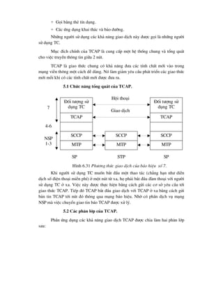 + Gäi b»ng thÎ tÝn dông.
+ C¸c øng dông khai th¸c vµ b¶o d-ìng.
Nh÷ng ng-êi sö dông c¸c kh¶ n¨ng giao dÞch nµy ®-îc gäi lµ nh÷ng ng-êi
sö dông TC.
Môc ®Ých chÝnh cña TCAP lµ cung cÊp mét hÖ thèng chung vµ tæng qu¸t
cho viÖc truyÒn th«ng tin gi÷a 2 nót.
TCAP lµ giao thøc chung cã kh¶ n¨ng ®-a c¸c tÝnh chÊt míi vµo trong
m¹ng viÔn th«ng mét c¸ch dÔ dµng. Nã lµm gi¶m yªu cÇu ph¸t triÓn c¸c giao thøc
míi mçi khi cã c¸c tÝnh chÊt míi ®-îc ®-a ra.
5.1 Chøc n¨ng tæng qu¸t cña TCAP.
Khi ng-êi sö dông TC muèn b¾t ®Çu mét thao t¸c (ch¼ng h¹n nh- diÔn
dÞch sè ®iÖn tho¹i miÔn phÝ) ë mét nót tõ xa, hä ph¶i b¾t ®Çu ®µm tho¹i víi ng-êi
sö dông TC ë xa. ViÖc nµy ®-îc thùc hiÖn b»ng c¸ch göi c¸c c¬ së yªu cÇu tíi
giao thøc TCAP. TiÕp ®ã TCAP b¾t ®Çu giao dÞch víi TCAP ë xa b»ng c¸ch göi
b¶n tin TCAP tíi nót ®ã th«ng qua m¹ng b¸o hiÖu. Nhê cã phÇn dÞch vô m¹ng
NSP mµ viÖc chuyÓn giao tin b¸o TCAP ®-îc xö lý.
5.2 C¸c ph©n líp cña TCAP.
PhÇn øng dông c¸c kh¶ n¨ng giao dÞch TCAP ®-îc chia lµm hai ph©n líp
sau:
§èi t-îng sö
dông TC
§èi t-îng sö
dông TC
TCAP TCAP
MTP
SCCP
MTP
SCCP
MTP
SCCP
Héi tho¹i
Giao dÞch
SP STP SP
7
4-6
NSP
1-3
H×nh 6.31 Ph-¬ng thøc giao dÞch cña b¸o hiÖu sè 7.
 