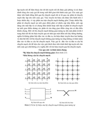 lËp tuyÕn nèi ®Ó ®µm tho¹i cho tíi khi tuyÕn nèi ®ã ®-îc gi¶i phãng vµ nã ®-îc
dµnh riªng cho cuéc gäi ®ã trong suèt thêi gian tiÕn hµnh cuéc gäi. C¸c cuéc gäi
®-îc tiÕn hµnh ®ång thêi qua bé chuyÓn m¹ch ®ã sÏ ®i qua c¸c phÇn tö chuyÓn
m¹ch ®éc lËp cho mçi cuéc gäi. ViÖc truyÒn tÝn hiÖu cÇn ®-îc tiÕn hµnh trªn 2
hoÆc nhiÒu d©y, v× vËy phÇn ma trËn chuyÓn m¹ch th-êng gåm 2 hoÆc nhiÒu líp,
phÇn tö chuyÓn m¹ch t¹i mçi giao ®iÓm ph¶i cã nhiÒu cÆp tiÕp ®iÓm, mçi cÆp
dïng cho mét líp vµ cã chung ®iÒu khiÓn hoÆc mçi líp cã phÇn tö chuyÓn m¹ch
t¹i mçi giao ®iÓm nh-ng c¸c phÇn tö cña tõng giao ®iÓm cïng tªn cã ®Çu ®iÒu
khiÓn chung. §èi víi bé chuyÓn m¹ch kh«ng gian t-¬ng tù, khi mét phÇn tö ®· ë
tr¹ng th¸i nèi th× tÝn hiÖu truyÒn qua nã nh- qua mét ®iÓm nèi d©y th«ng th-êng,
nghÜa lµ kh«ng ph©n biÖt ®Çu vµo vµ ®Çu ra, tÝn hiÖu ®-îc truyÒn theo hai h-íng
vµ nh- thÕ ®èi víi bé chuyÓn m¹ch kh«ng gian t-¬ng tù còng kh«ng cã kh¸i niÖm
®Çu vµo vµ ®Çu ra cña bé chuyÓn m¹ch. ViÖc gäi lµ ®Çu vµo vµ ®Çu ra cña bé
chuyÓn m¹ch chØ ®Ó tiÖn cho viÖc gi¶i thÝch theo tiÕn tr×nh thiÕt lËp tuyÕn nèi cho
mçi cuéc gäi chø kh«ng cã ý nghÜa ®èi víi tÝn hiÖu truyÒn qua bé chuyÓn m¹ch.
C¸c quy -íc vµ kh¸i niÖm chung
*Ký hiÖu bé chuyÓn m¹ch kh«ng gian (Xem h×nh 2.5)
*Kh¶ th«ng cña bé chuyÓn m¹ch:
1
2
3
N
1 2 3 M
Ký hiÖu kiÓu ma trËn tiÕp ®iÓm
1
2
3
N
1 2 3 M
Ký hiÖu kiÓu ma trËn giao ®iÓm
1
2
3
N
1
2
3
M
Ký hiÖu kiÓu quy -íc Ký hiÖu kiÓu bé chän
N M
H×nh 2.5 C¸c ký hiÖu cña bé chuyÓn m¹ch kh«ng gian t-¬ng tù
 