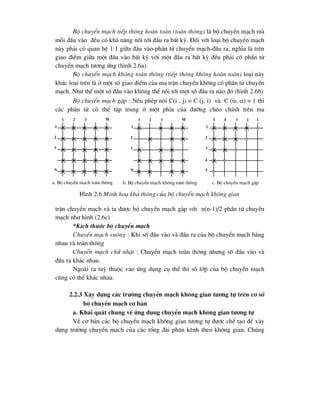Bé chuyÓn m¹ch tiÕp th«ng hoµn toµn (toµn th«ng) lµ bé chuyÓn m¹ch mµ
mçi ®Çu vµo ®Òu cã kh¶ n¨ng nèi tíi ®Çu ra bÊt kú. §èi víi lo¹i bé chuyÓn m¹ch
nµy ph¶i cã quan hÖ 1:1 gi÷a ®Çu vµo-phÇn tö chuyÓn m¹ch-®Çu ra, nghÜa lµ trªn
giao ®iÓm gi÷a mét ®Çu vµo bÊt kú víi mét ®Çu ra bÊt kú ®Òu ph¶i cã phÇn tö
chuyÓn m¹ch t-¬ng øng (h×nh 2.6a)
Bé chuyÓn m¹ch kh«ng toµn th«ng (tiÕp th«ng kh«ng hoµn toµn) lo¹i nµy
kh¸c lo¹i trªn lµ ë mét sè giao ®iÓm cña ma trËn chuyÓn kh«ng cã phÇn tö chuyÓn
m¹ch. Nh- thÕ mét sè ®Çu vµo kh«ng thÓ nèi tíi mét sè ®Çu ra nµo ®ã (h×nh 2.6b)
Bé chuyÓn m¹ch gËp : NÕu phÐp nèi C(i , j)  C (j, i) vµ C (, )  1 th×
c¸c phÇn tö cã thÓ tËp trung ë mét phÝa cña ®-êng chÐo chÝnh trªn ma
trËn chuyÓn m¹ch vµ ta ®-îc bé chuyÓn m¹ch gËp víi n(n-1)/2 phÇn tö chuyÓn
m¹ch nh- h×nh (2.6c)
*KÝch th-íc bé chuyÓn m¹ch
ChuyÓn m¹ch vu«ng : Khi sè ®Çu vµo vµ ®Çu ra cña bé chuyÓn m¹ch b»ng
nhau vµ toµn th«ng
ChuyÓn m¹ch ch÷ nhËt : ChuyÓn m¹ch toµn th«ng nh-ng sè ®Çu vµo vµ
®Çu ra kh¸c nhau.
Ngoµi ra tuú thuéc vµo øng dông cô thÓ th× sè líp cña bé chuyÓn m¹ch
còng cã thÓ kh¸c nhau.
2.2.3 X©y dùng c¸c tr-êng chuyÓn m¹ch kh«ng gian t-¬ng tù trªn c¬ së
bé chuyÓn m¹ch c¬ b¶n
a. Kh¸i qu¸t chung vÒ øng dông chuyÓn m¹ch kh«ng gian t-¬ng tù
VÒ c¬ b¶n c¸c bé chuyÓn m¹ch kh«ng gian t-¬ng tù ®-îc chÕ t¹o ®Ó x©y
dùng tr-êng chuyÓn m¹ch cña c¸c tæng ®µi ph©n kªnh theo kh«ng gian. Chóng
1
2
3
N
1 2 3 M
a. Bé chuyÓn m¹ch toµn th«ng
1
2
3
N
1 2 3 M
b. Bé chuyÓn m¹ch kh«ng toµn th«ng
1
2
3
5
5 4 3 1
c. Bé chuyÓn m¹ch gËp
4
2
H×nh 2.6 Minh ho¹ kh¶ th«ng cña bé chuyÓn m¹ch kh«ng gian
 