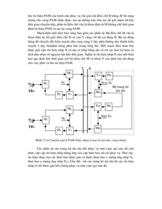 thu tÝn hiÖu PAM cña kªnh cÇn phôc vô; bé gi¶i m· ®iÒu chÕ D dïng ®Ó bï n¨ng
l-îng cho xung PAM nhËn ®-îc, t¹o l¹i ®-êng bao liªn tôc ®Ó gi÷ chËm tíi khe
thêi gian chuyÓn tiÕp, phÇn tö ®iÒu chÕ võa lµ kho¸ ®iÖn tö M khèng chÕ thêi gian
ph¸t tÝn hiÖu PAM vµ t¹o l¹i xung PAM.
M¹ch ®iÖn mçi thuª bao còng bao gåm c¸c phÇn tö: Bé ®iÒu chÕ M võa lµ
kho¸ ®iÖn tö, bé gi¶i ®iÒu chÕ D vµ van V cïng víi bé sai ®éng H. Bé sai ®éng
dïng ®Ó chuyÓn ®æi kiÓu truyÒn dÉn song c«ng 2 d©y phÝa ®-êng d©y thµnh kiÓu
truyÒn 4 d©y thu/ph¸t riªng phÝa bªn trong tæng ®µi. Mçi m¹ch ®iÖn thuª bao
®-îc g¸n mét tÝn hiÖu nhÞp N cã tÇn sè nhÞp b»ng tÇn sè rêi r¹c ho¸ tÝn hiÖu vµ
lÖch pha nhau sè nguyªn lÇn khe thêi gian. NghÜa lµ tÝn hiÖu nhÞp N cña mçi thuª
bao qui ®Þnh khe thêi gian më bé ®iÒu chÕ M vµ kho¸ V cña thuª bao ®ã dïng
cho viÖc ph¸t vµ thu tÝn hiÖu PAM.
C¸c phÇn tö cña trung kÕ ©m tÇn khi phôc vô mét cuéc gäi nµo ®ã míi
®-îc cÊp cÆp tÝn hiÖu nhÞp t-¬ng øng cña cÆp thuª bao mµ nã phôc vô. Nh- vËy,
tÝn hiÖu nhÞp cho c¸c thuª bao ®-îc g¸n cè ®Þnh (thuª bao x t-¬ng øng nhÞp Nx,
thuª bao y t-¬ng øng nhÞp Ny). Cßn ®èi víi c¸c trung kÕ ©m tÇn th× c¸c tÝn hiÖu
nhÞp sÏ chØ ®-îc g¸n khi chóng phôc vô mét cuéc gäi nµo ®ã.

tbx
Hx
Mx
Vx
Dx
Nx
T R

tby
Hy
My
Vy
Dy
Ny
DA
VA
DB
VB
MA
MB
NA= Nx
Bé trung kÕ
©m tÇn
H×nh 2.14 ChuyÓn m¹ch PAM 4d©y dïng trung kÕ ©m tÇn, cïng nhãm
NB= Ny
 