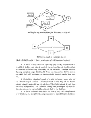 3. Lîi thÕ vÒ sö dông c¬ së linh kiÖn c«ng nghÖ cao: Kü thuËt vi m¹ch sè
vµ xö lý sè tÝn hiÖu ph¸t triÓn rÊt m¹nh ®· cho phÐp chÕ t¹o c¸c linh kiÖn cã ®é
tÝch hîp cao, nhiÒu tÝnh n¨ng, dung l-îng lín, tèc ®é cao mµ kÝch th-íc nhá, tiªu
thô n¨ng l-îng thÊp vµ gi¸ thµnh h¹. Tõ ®ã t¹o kh¶ n¨ng chÕ t¹o thiÕt bÞ chuyÓn
m¹ch kÝch th-íc nhá, kh¶ th«ng cao, ®a n¨ng vµ chÊt l-îng dÞch vô l¹i ®-îc n©ng
cao.
4. DÔ phèi hîp gi÷a chuyÓn m¹ch sè vµ ®iÒu khiÓn theo ch-¬ng tr×nh ghi
s½n ( Stored Progam Control) : C¸c chuyÓn m¹ch sè ho¹t ®éng víi tèc ®é cao,
møc tÝn hiÖu ®iÒu khiÓn phï hîp víi møc logÝc TTL, CMOS nªn rÊt dÔ phèi ghÐp
víi c¸c hÖ thèng vi xö lý. §iÒu khiÓn theo ch-¬ng tr×nh ghi s½n ph¸t huy hiÖu qu¶
tÝnh n¨ng cña chuyÓn m¹ch sè vµ lµm giµu c¸c dÞch vô cho thuª bao.
5. Lîi thÕ vÒ chÊt l-îng phôc vô vµ c¸c dÞch vô n©ng cao : ChuyÓn m¹ch
sè cã kh¶ th«ng cao cho phÐp x©y dùng m¹ng chuyÓn m¹ch kh«ng tæn thÊt (non-
A
A
A
A
At
dt
dt
dt
Bé ghÐp ,
t¸ch kªnh
Bé chuyÓn
®æi AD
§-êng truyÒn
t-¬ng tù
§-êng truyÒn
sè
a) ChuyÓn m¹ch t-¬ng tù truyÒn dÉn t-¬ng tù hoÆc sè.
dt
dt
dt
dt
dt
d
d
d
d
b) ChuyÓn m¹ch sè vµ truyÒn dÉn sè
H×nh 2.21 KÕt hîp gi÷a kü thuËt chuyÓn m¹ch sè vµ kü thuËt truyÒn dÉn sè
 