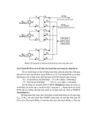 2.4.3 TuyÕn PCM c¬ së vµ tæ chøc c¸c tuyÕn bËc cao trong c¸c tæng ®µi sè
Tõ c¸c kªnh tho¹i c¬ b¶n 64 Kbps thùc hiÖn ghÐp ®a kªnh theo thêi gian
nh- m« t¶ ë môc trªn ®Ó ®-îc tuyÕn PCM c¬ së. Cã 2 hÖ thèng PCM c¬ së ®-îc
Héi ®ång t- vÊn vÒ ®iÖn tho¹i, ®iÖn b¸o quèc tÕ CCITT khuyÕn nghÞ sö dông:
- E1 : 30 ch/32TS tèc ®é 2048 Kbps (32 x 8b x 8KHz = 2048 Kbps)
- T1 : 24ch tèc ®é 1544 Kbps (24 x 8 + 1) x 8Khz = 1544 Kbps
Sau ®ã dïng c¸c bé ghÐp kªnh sè MUX (Multiplexer) ghÐp c¸c tuyÕn c¬
së ®Ó ®-îc c¸c tuyÕn cÊp 2, sau ®ã tõ cÊp 2 sang cÊp 3 .... Ng-îc l¹i tõ c¸c tuyÕn
PCM cÊp cao xuèng cÊp thÊp h¬n ng-êi ta sö dông t¸ch c¸c kªnh sè DEMUX
(Demultiplexer).
DÔ dµng nhËn thÊy r»ng, theo c¸ch ghÐp vµ t¸ch kªnh dïng c¸c tÝn hiÖu nhÞp
TxSyn vµ RxSyn th× mçi m¹ch ®iÖn CODEC t-¬ng øng víi mét khe thêi gian TS
(Time slot) trªn tuyÕn PCMup vµ mét khe thêi gian trªn tuyÕn PCMdown. Hay nãi

Ain
Aout
Dout
Din

Ain
Aout
Dout
Din

Ain
Aout
Dout
Din
Bé ph©n
phèi nhÞp
®Þnh thêi
TS1
TS2
TSN
Thuª baoN
Thuª bao2
Thuª bao1
PCMUP
PCMDOWN
§i vµo m¹ng chuyÓn m¹ch
Tõ m¹ng chuyÓn m¹ch ®i ra
H×nh 2.24 Nguyªn lý ghÐp/t¸ch ®a kªnh t¹i giao tiÕp ®Çu cuèi
 