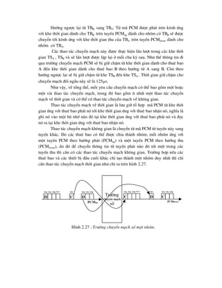H-íng ng-îc l¹i tõ TBB. sang TBA: Tõ m· PCM ®-îc ph¸t trªn kªnh øng
víi khe thêi gian dµnh cho TBB. trªn tuyÕn PCMup dµnh cho nhãm cã TBB sÏ ®-îc
chuyÓn tíi kªnh øng víi khe thêi gian thu cña TBA trªn tuyÕn PCMdown dµnh cho
nhãm cã TBA.
C¸c thao t¸c chuyÓn m¹ch nµy ®-îc thùc hiÖn lÇn l-ît trong c¸c khe thêi
gian TSA , TSB vµ sÏ lÇn l-ît ®-îc lÆp l¹i ë mçi chu kú sau. Nh- thÕ th«ng tin ®i
qua tr-êng chuyÓn m¹ch PCM sÏ bÞ gi÷ chËm tõ khe thêi gian dµnh cho thuª bao
A ®Õn khe thêi gian dµnh cho thuª bao B theo h-íng tõ A sang B. Cßn theo
h-íng ng-îc l¹i sÏ bÞ gi÷ chËm tõ khe TSB ®Õn khe TSA . Thêi gian gi÷ chËm cho
chuyÓn m¹ch ®èi ngÉu nµy sÏ lµ 125s.
Nh- vËy, vÒ tæng thÓ, mçi yªu cÇu chuyÓn m¹ch cã thÓ bao gåm mét hoÆc
mét vµi thao t¸c chuyÓn m¹ch, trong ®ã bao gåm Ýt nhÊt mét thao t¸c chuyÓn
m¹ch vÒ thêi gian vµ cã thÓ cã thao t¸c chuyÓn m¹ch vÒ kh«ng gian.
Thao t¸c chuyÓn m¹ch vÒ thêi gian lµ l-u gi÷ tæ hîp m· PCM tõ khe thêi
gian øng víi thuª bao ph¸t nã tíi khe thêi gian øng víi thuª bao nhËn nã, nghÜa lµ
ghi nã vµo mét bé nhí nµo ®ã t¹i khe thêi gian øng víi thuª bao ph¸t nã vµ ®äc
nã ra t¹i khe thêi gian øng víi thuª bao nhËn nã.
Thao t¸c chuyÓn m¹ch kh«ng gian lµ chuyÓn tõ m· PCM tõ tuyÕn nµy sang
tuyÕn kh¸c. Do c¸c thuª bao cã thÓ ®-îc chia thµnh nhãm, mçi nhãm øng víi
mét tuyÕn PCM theo h-íng ph¸t (PCMup) vµ mét tuyÕn PCM theo h-íng thu
(PCMdown), do ®ã ®Ó chuyÓn th«ng tin tõ tuyÕn ph¸t nµo ®ã tíi mét trong c¸c
tuyÕn thu th× cÇn cã c¸c thao t¸c chuyÓn m¹ch kh«ng gian. Tr-êng hîp nÕu c¸c
thuª bao vµ c¸c thiÕt bÞ ®Çu cuèi kh¸c chØ t¹o thµnh mét nhãm duy nhÊt th× chØ
cÇn thao t¸c chuyÓn m¹ch thêi gian nh- chØ ra trªn h×nh 2.27.
PCMup
ts0
ts1
d
ts2
c
ts7
tsF-1
ts0
ts1
d
ts2
PCMdown
ts0
ts1
c
ts2
d
ts7
tsF-1
ts0
ts1
c
ts2
Tr-êng
chuyÓn m¹ch
sè
H×nh 2.27 : Tr-êng chuyÓn m¹ch sè mét nhãm.
 