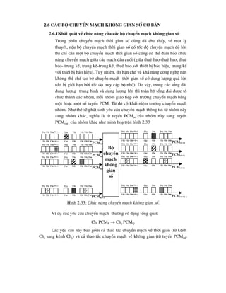2.6 C¸c bé chuyÓn m¹ch kh«ng gian sè c¬ b¶n
2.6.1Kh¸i qu¸t vÒ chøc n¨ng cña c¸c bé chuyÓn m¹ch kh«ng gian sè
Trong phÇn chuyÓn m¹ch thêi gian sè còng ®· cho thÊy, vÒ mÆt lý
thuyÕt, nÕu bé chuyÓn m¹ch thêi gian sè cã tèc ®é chuyÓn m¹ch ®ñ lín
th× chØ cÇn mét bé chuyÓn m¹ch thêi gian sè còng cã thÓ ®¶m b¶o chøc
n¨ng chuyÓn m¹ch gi÷a c¸c m¹ch ®Çu cuèi (gi÷a thuª bao-thuª bao, thuª
bao- trung kÕ, trung kÕ-trung kÕ, thuª bao víi thiÕt bÞ b¸o hiÖu, trung kÕ
víi thiÕt bÞ b¸o hiÖu). Tuy nhiªn, do h¹n chÕ vÒ kh¶ n¨ng c«ng nghÖ nªn
kh«ng thÓ chÕ t¹o bé chuyÓn m¹ch thêi gian sè cã dung l-îng qu¸ lín
(do bÞ giíi h¹n bëi tèc ®é truy cËp bé nhí). Do vËy, trong c¸c tæng ®µi
dung l-îng trung b×nh vµ dung l-îng lín th× toµn bé tæng ®µi ®-îc tæ
chøc thµnh c¸c nhãm, mçi nhãm giao tiÕp víi tr-êng chuyÓn m¹ch b»ng
mét hoÆc mét sè tuyÕn PCM. Tõ ®ã cã kh¸i niÖm tr-êng chuyÓn m¹ch
nhãm. Nh- thÕ sÏ ph¸t sinh yªu cÇu chuyÓn m¹ch th«ng tin tõ nhãm nµy
sang nhãm kh¸c, nghÜa lµ tõ tuyÕn PCMin cña nhãm nµy sang tuyÕn
PCMout cña nhãm kh¸c nh- minh ho¹ trªn h×nh 2.33
VÝ dô c¸c yªu cÇu chuyÓn m¹ch th-êng cã d¹ng tæng qu¸t:
Chi PCMP  Chj PCMQ
C¸c yªu cÇu nµy bao gåm c¶ thao t¸c chuyÓn m¹ch vÒ thêi gian (tõ kªnh
Chi sang kªnh Chj) vµ c¶ thao t¸c chuyÓn m¹ch vÒ kh«ng gian (tõ tuyÕn PCMinP
Bé
chuyÓn
m¹ch
kh«ng
gian
sè
ts0
ts1
ts2
tsi
tsF-1
ts0
ts1
ts2 tsj
Ch0
Ch1
Ch2
Chi
ChF-1
Ch0
Ch1
Ch2 Chj
pcmin0
ts0
ts1
ts2
tsi
tsF-1
ts0
ts1
ts2 tsj
Ch0
Ch1
Ch2
Chi
ChF-1
Ch0
Ch1
Ch2 Chj
pcmin1
ts0
ts1
ts2
tsi
tsF-1
ts0
ts1
ts2 tsj
Ch0
Ch1
Ch2
Chi
ChF-1
Ch0
Ch1
Ch2 Chj
pcmin2
ts0
ts1
ts2
tsi
tsF-1
ts0
ts1
ts2 tsj
Ch0
Ch1
Ch2
Chi
ChF-1
Ch0
Ch1
Ch2 Chj
pcminN-1
ts0
ts1
ts2
tsi
tsF-1
ts0
ts1
ts2 tsj
Ch0
Ch1
Ch2
Chi
ChF-1
Ch0
Ch1
Ch2 Chj
PCMout0
ts0
ts1
ts2
tsi
tsF-1
ts0
ts1
ts2 tsj
Ch0
Ch1
Ch2
Chi
ChF-1
Ch0
Ch1
Ch2 Chj
PCMout1
ts0
ts1
ts2
tsi
tsF-1
ts0
ts1
ts2 tsj
Ch0
Ch1
Ch2
Chi
ChF-1
Ch0
Ch1
Ch2 Chj
PCMout2
ts0
ts1
ts2
tsi
tsF-1
ts0
ts1
ts2 tsj
Ch0
Ch1
Ch2
Chi
ChF-1
Ch0
Ch1
Ch2 Chj
PCMoutN-1
H×nh 2.33: Chøc n¨ng chuyÓn m¹ch kh«ng gian sè.
 